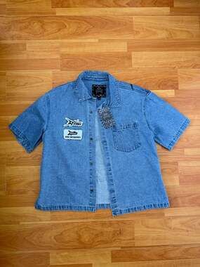 Rebel Vengeance Short Sleeve Denim Button-Down Shirt with Skull Graphic